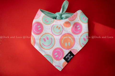 Dog Bandana, Double Sided Groovy Retro Checkered Daisy Smile Face Dog or Cat Bandanas, Over The Collar Soft Tie On Dog Bandana