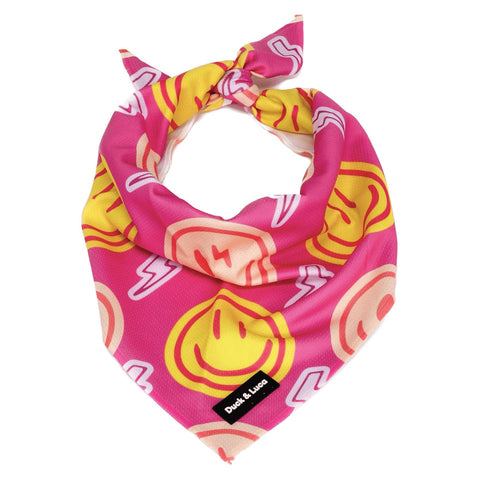 Dog Bandana - Neon Pink Happy Face, New puppy gift, Dog mom Gift, Over The Collar Soft Tie On Dog Bandana