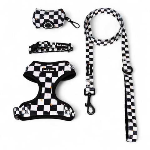 Checkerboard and Stars, 4-Piece Bundle set - Adjustable Dog Harness, Collar, Dog Poop Bag Holder and Leash