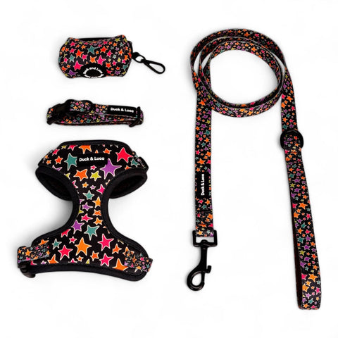 Funky Stars, 4-Piece Bundle set - Adjustable Dog Harness, Collar, Dog Poop Bag Holder and Leash