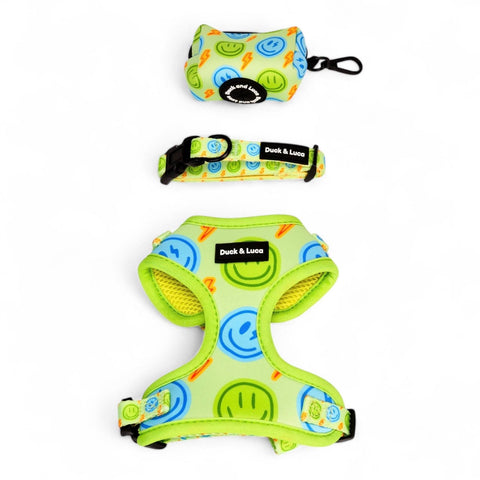 Neon Lime Happy Face, 4-Piece Bundle set - Adjustable Dog Harness, Collar, Dog Poop Bag Holder and Leash