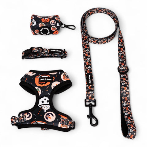 Retro Halloween, 4-Piece Bundle set - Adjustable Dog Harness, Collar, Dog Poop Bag Holder and Leash