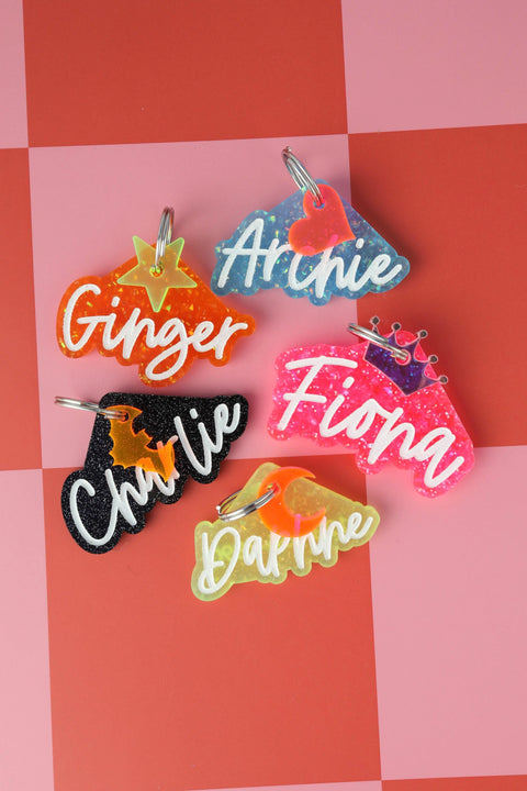 Custom Pet ID Tags,Dog Name Tag,Cat ID Tag,Personalized Pet Tag,Script Font Tag,Glitter Pet ID,Acrylic Tag,Pet Gift,Animal Tag,Pet Keychain