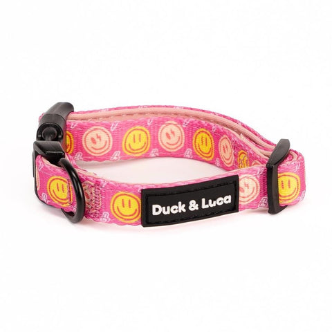 Adjustable Dog Collar - Neon Pink Happy Face